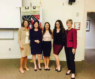 Deirdre  Kelly with Hon. Jamoa Moberly (Ret.), a current law student, Antoinette Balta, and Hon. Martha Gooding at Chapman Law School's 2017 Annual Speed Mentoring Program